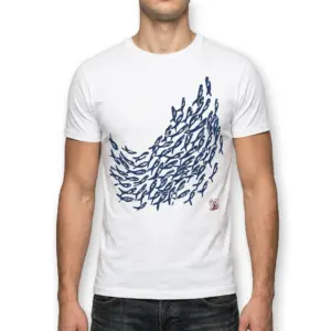 Japanese School of Fish Graphic T-Shirt 10 White shirt with artistic blue fish pattern in detail.