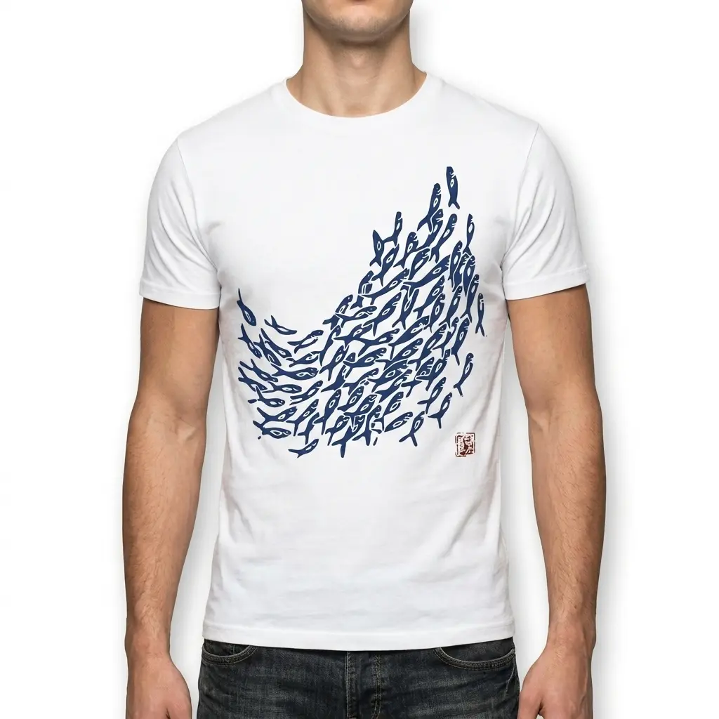 White shirt with artistic blue fish pattern in detail.