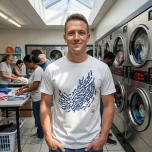 Japanese School of Fish Graphic T-Shirt 11 Model wearing white T-shirt with Japanese fish art.