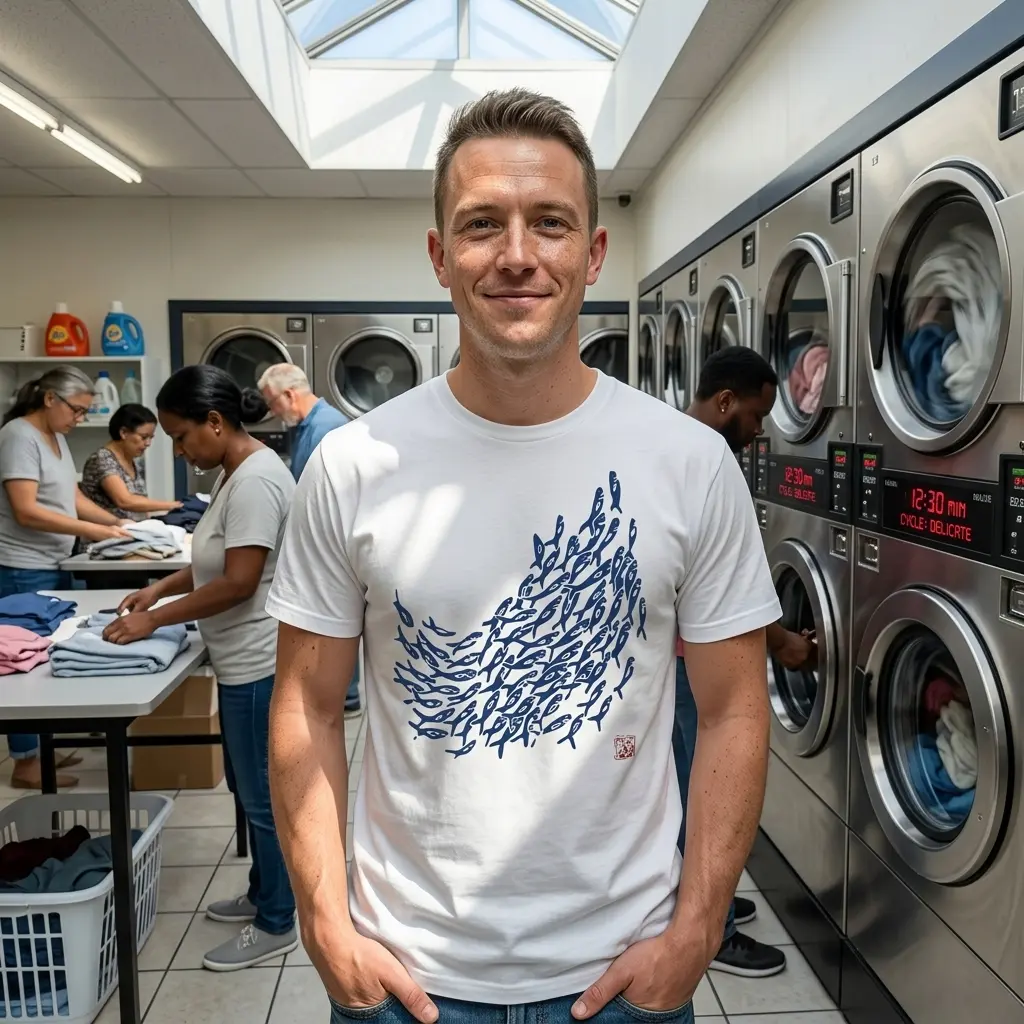Model wearing white T-shirt with Japanese fish art.