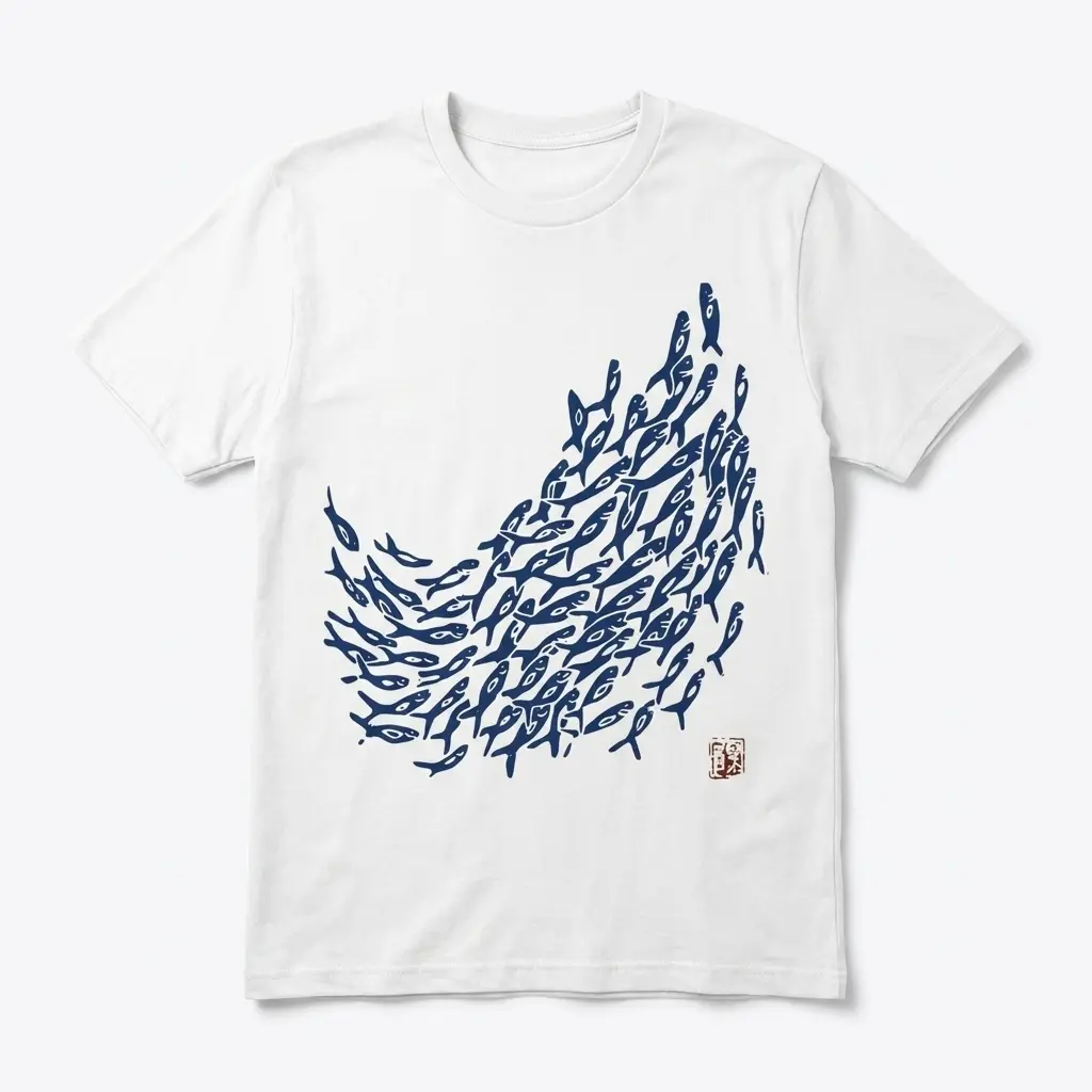 White T-shirt with blue Japanese school of fish graphic.