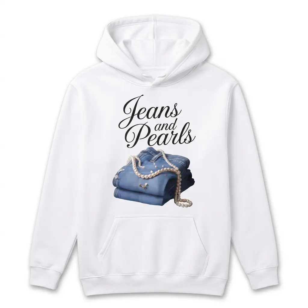 Front view of 'Jeans and Pearls' graphic T-shirt.