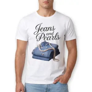 Jeans and Pearls Graphic T-Shirt 8 Close-up of 'Jeans and Pearls' graphic on T-shirt.