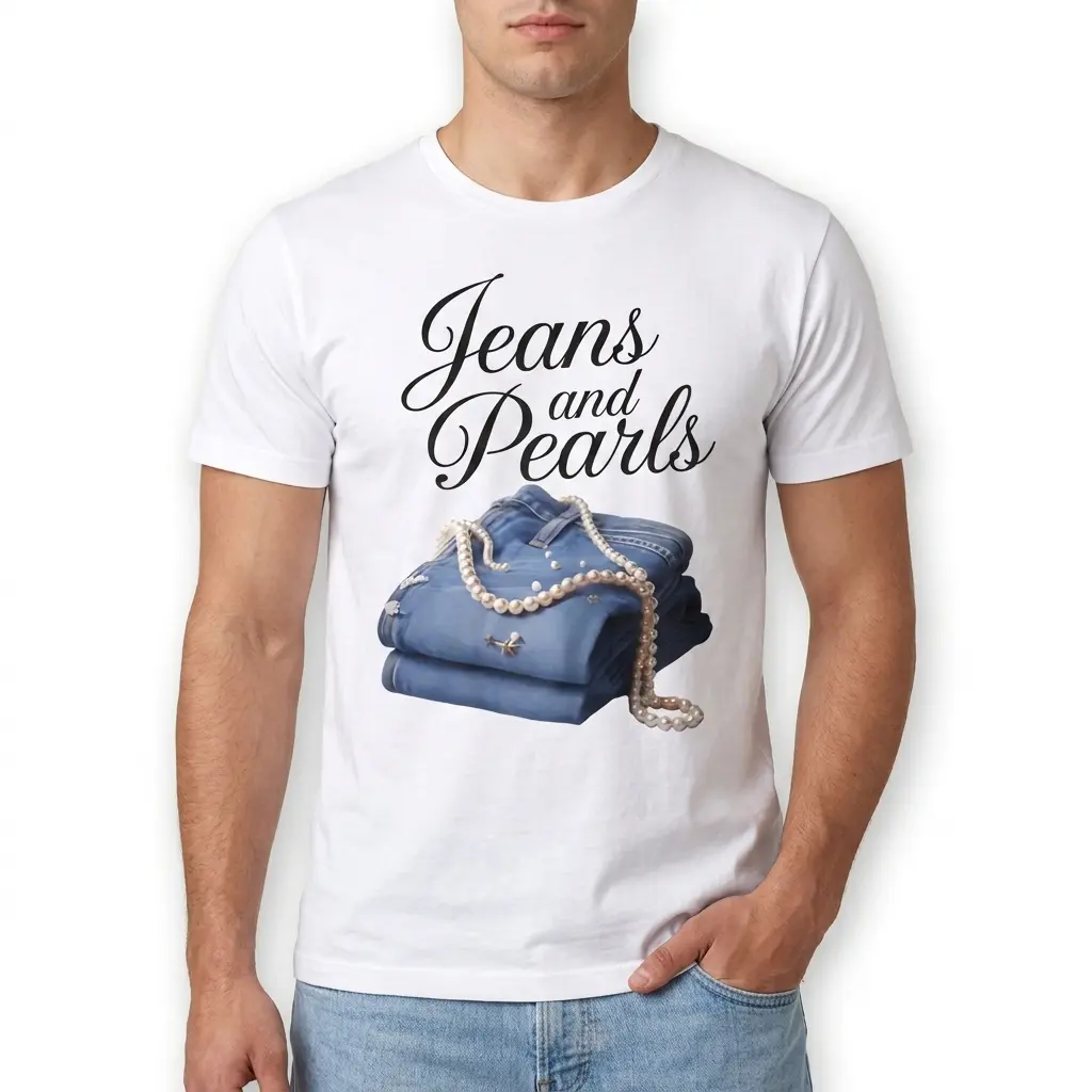 Close-up of 'Jeans and Pearls' graphic on T-shirt.