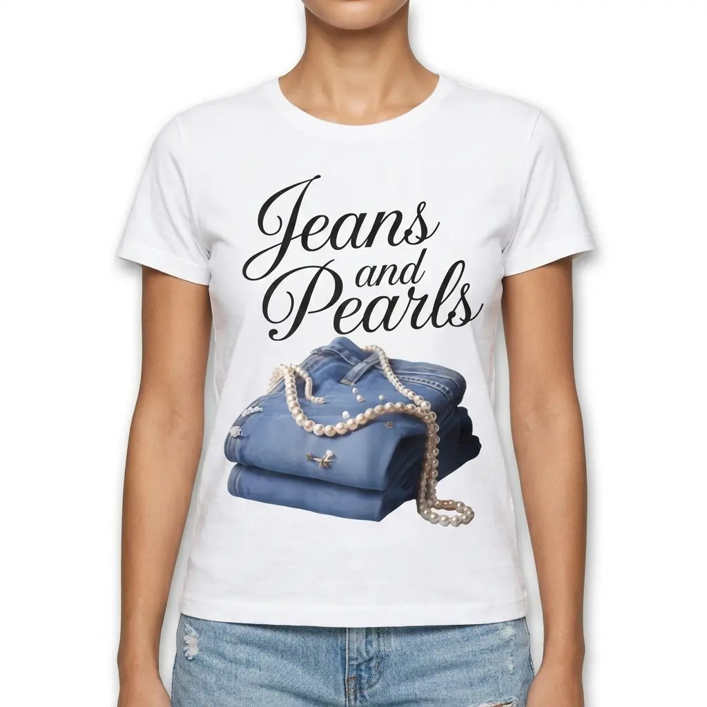 Folded T-shirt showing 'Jeans and Pearls' graphic.