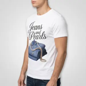 Jeans and Pearls Graphic T-Shirt 10 Flat lay of T-shirt with 'Jeans and Pearls' design.