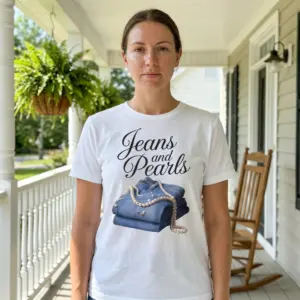 Jeans and Pearls Graphic T-Shirt 11 Person wearing 'Jeans and Pearls' graphic T-shirt outdoors.