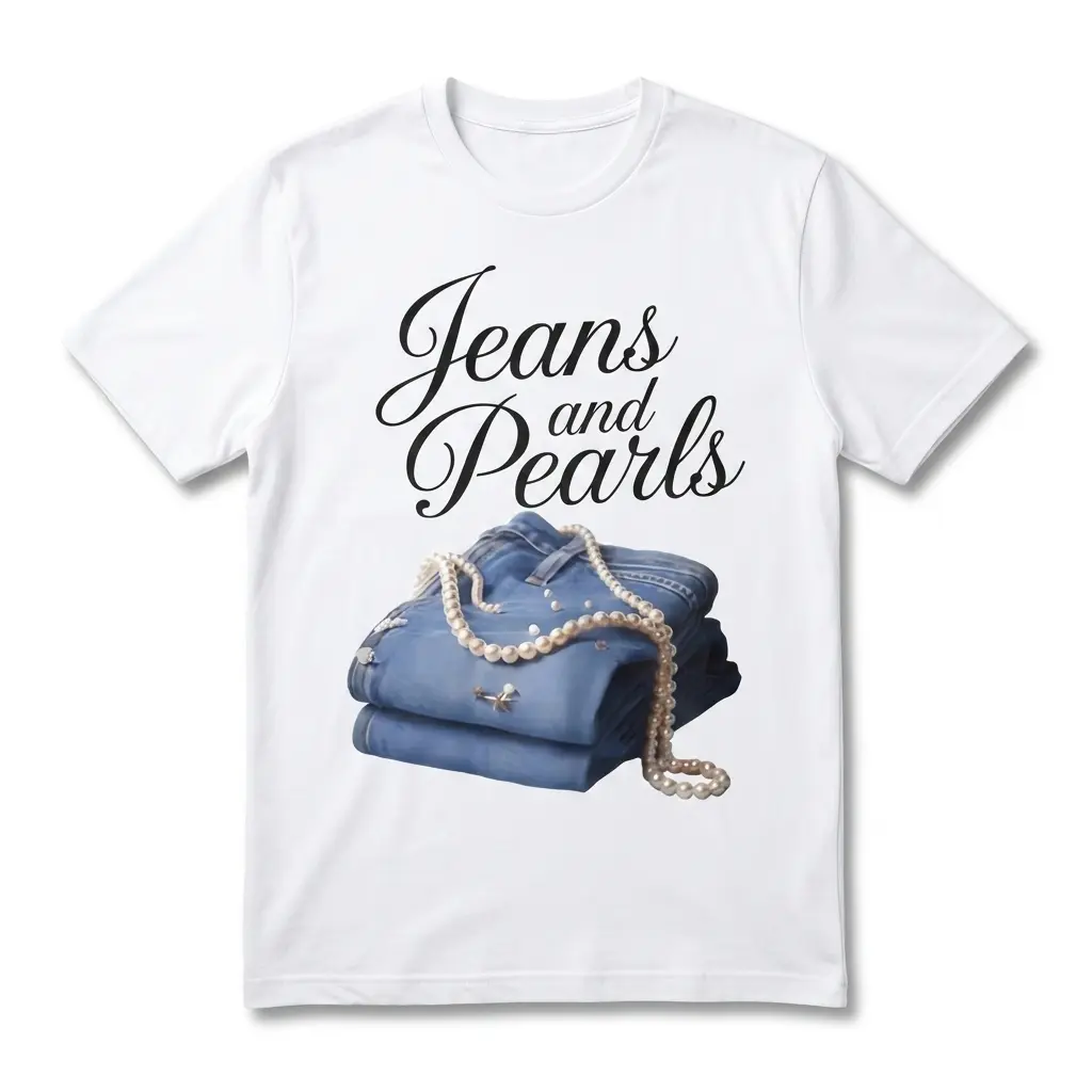 White T-shirt with 'Jeans and Pearls' graphic.
