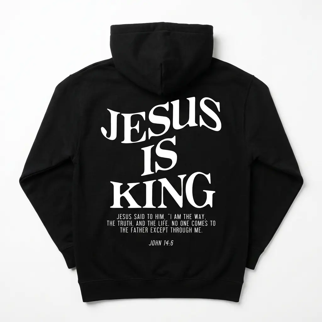 Close-up view of the back design showcasing 'Jesus Is King' and a verse from John 14:6.