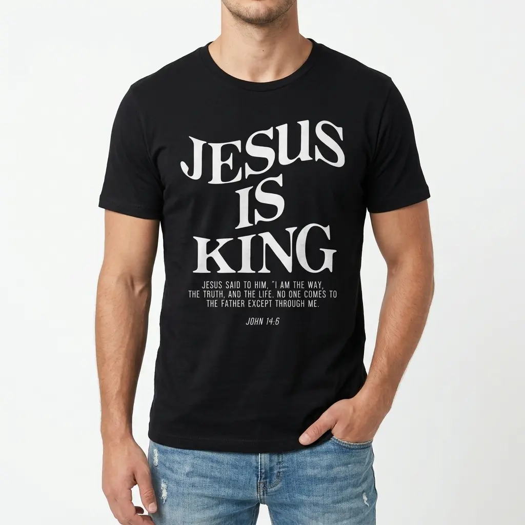 Flat lay of the black 'Jesus Is King' shirt highlighting the bold typography.