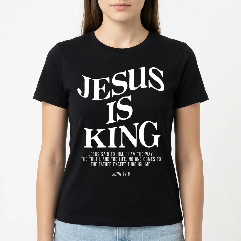 Back view of the shirt displaying the Christian verse beneath 'Jesus Is King'.