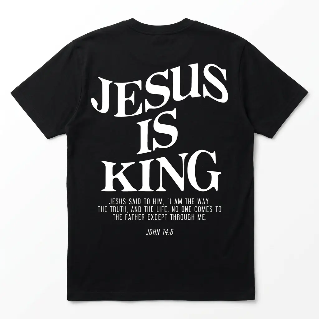 Black t-shirt featuring the text 'Jesus Is King' prominently displayed on the back.
