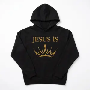 Jesus Is King Crown Christian T-Shirt 7 Black shirt with 'Jesus Is' text and a crown graphic in gold.