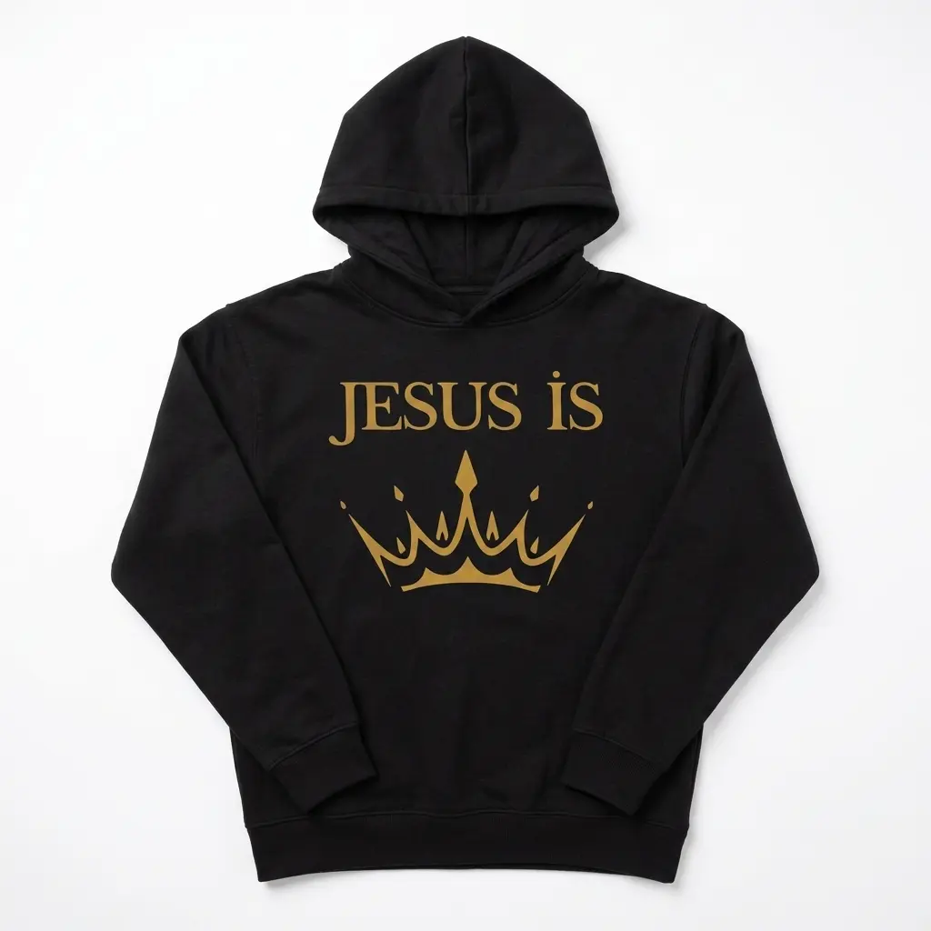 Black shirt with 'Jesus Is' text and a crown graphic in gold.