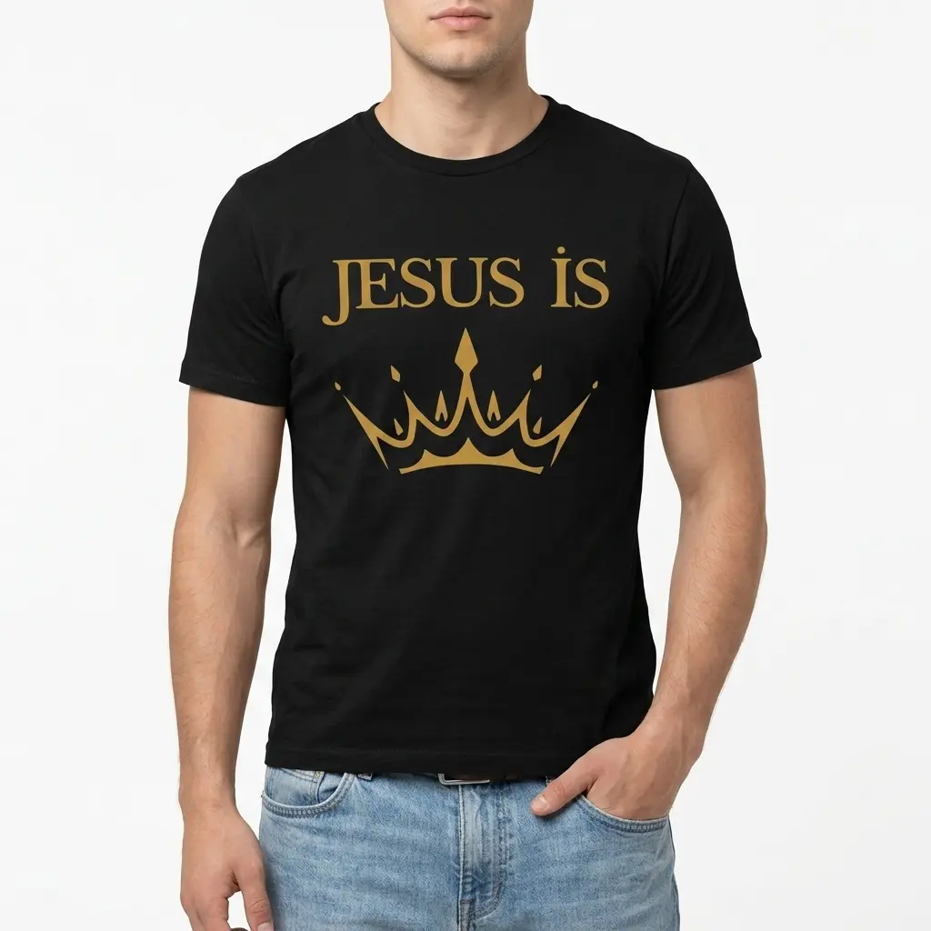 Front view of a Jesus Is King shirt featuring a crown illustration.