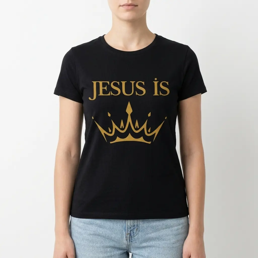 Faith & Christian shirt with 'Jesus Is' text and crown design.