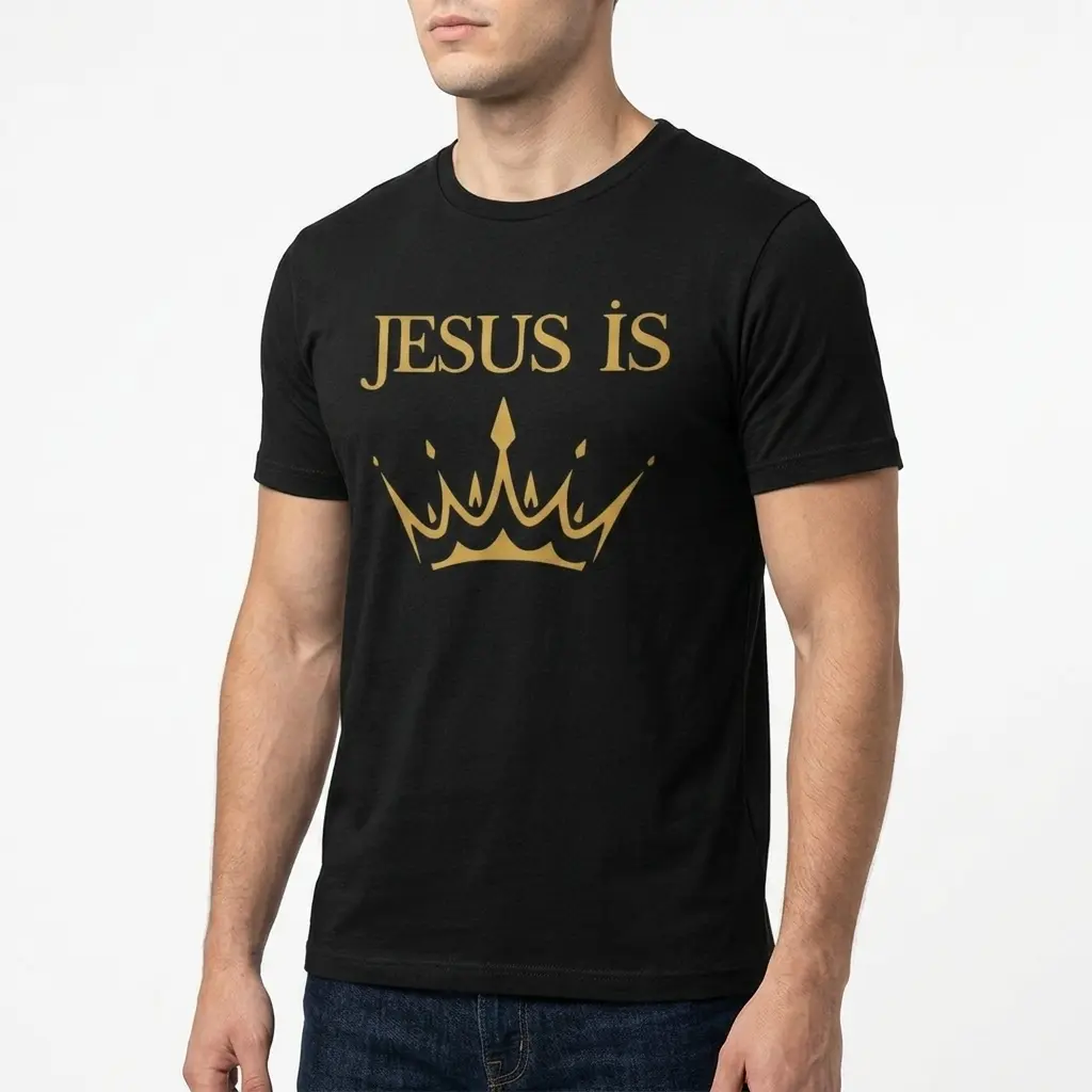 Jesus Is King shirt showcasing a crown and text in gold.
