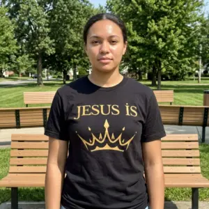 Jesus Is King Crown Christian T-Shirt 11 Person wearing Jesus Is King T-shirt with crown design.