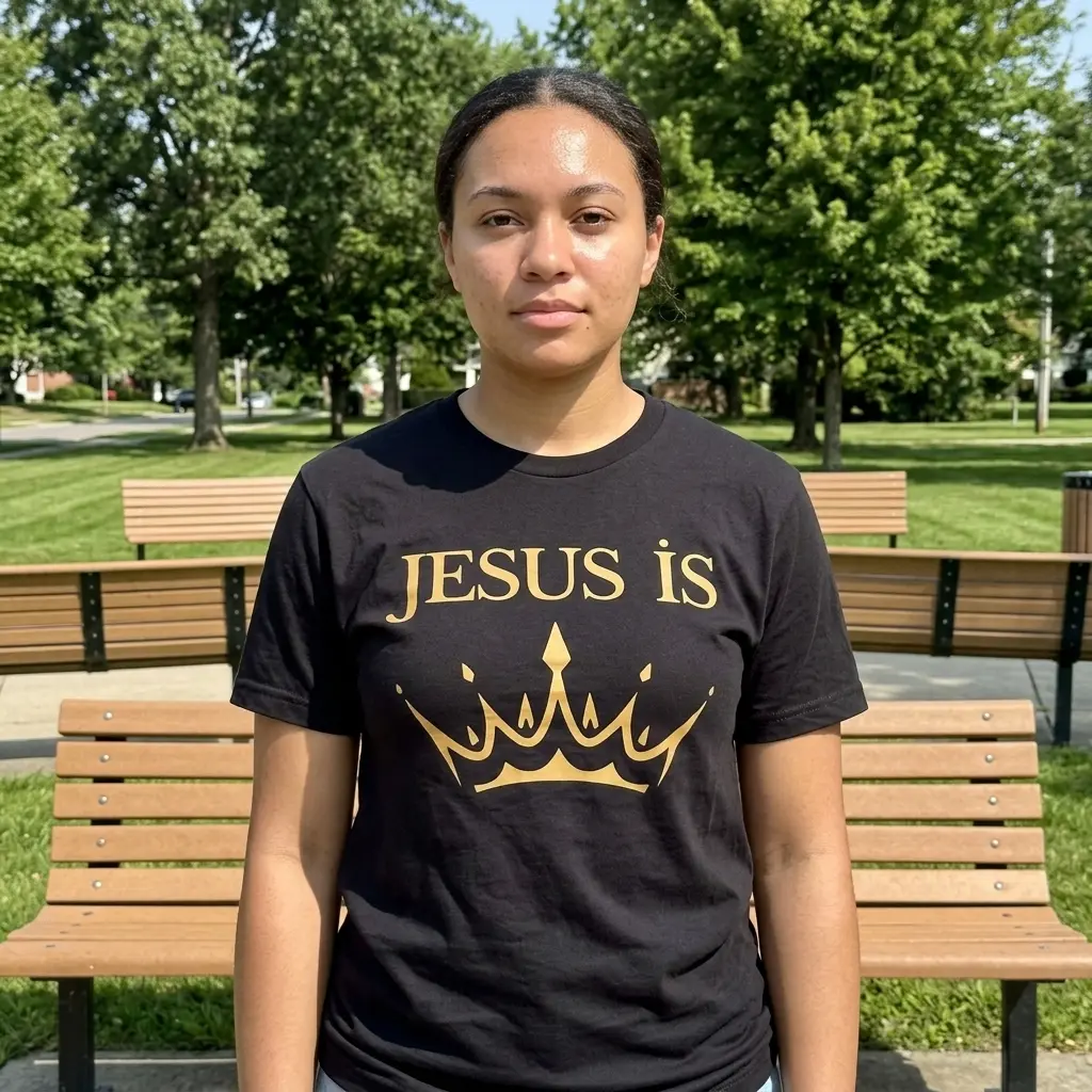 Person wearing Jesus Is King T-shirt with crown design.