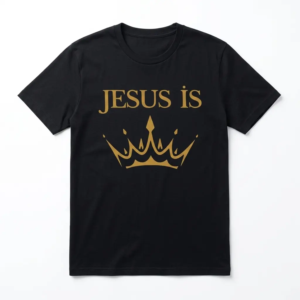 Christian T-shirt with 'Jesus Is' and a golden crown design.