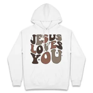 Jesus Loves You Retro Christian T-Shirt 7 Front view of a white t-shirt showcasing 'Jesus Loves You' in a playful design.