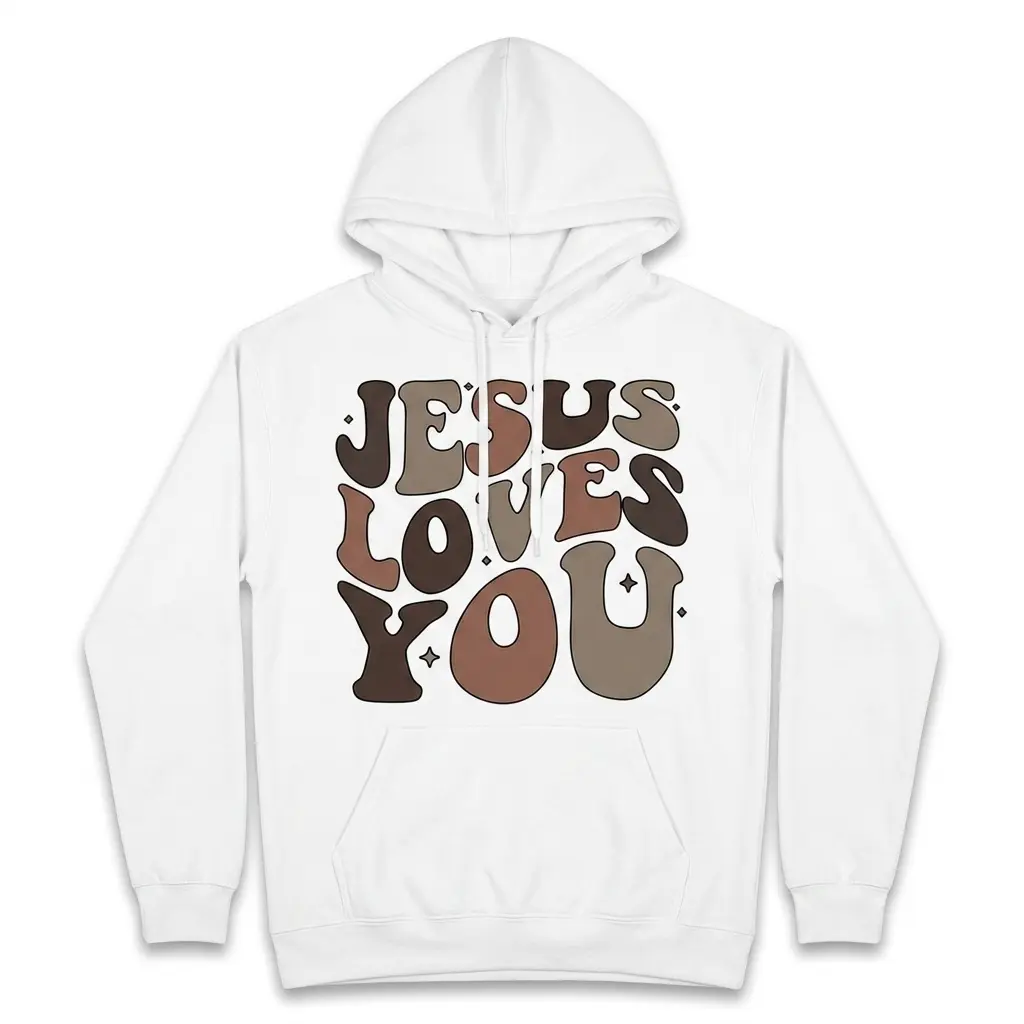 Front view of a white t-shirt showcasing 'Jesus Loves You' in a playful design.