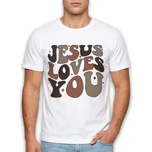 Jesus Loves You Retro Christian T-Shirt 8 Close-up of a white tee displaying the vibrant 'Jesus Loves You' graphic.
