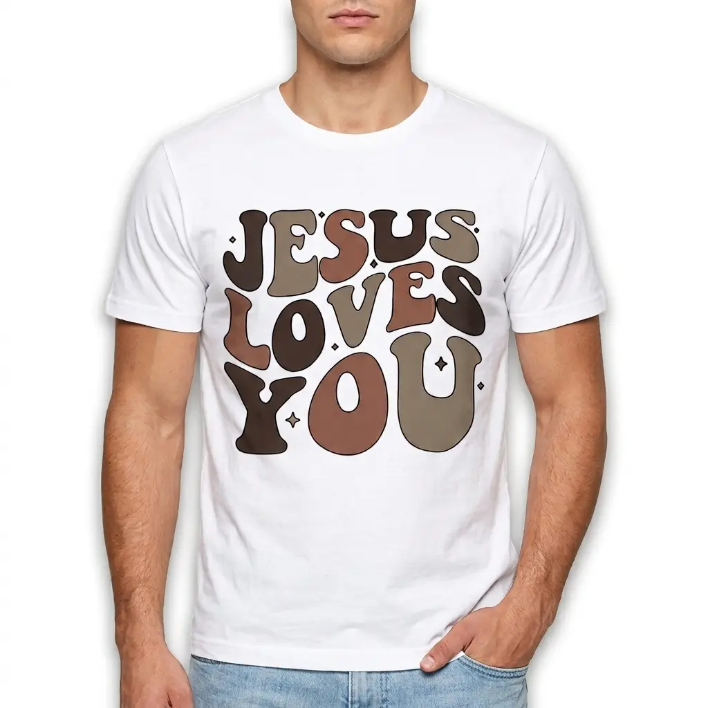 Close-up of a white tee displaying the vibrant 'Jesus Loves You' graphic.