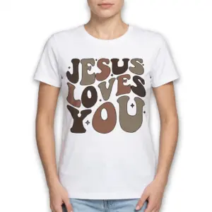 Jesus Loves You Retro Christian T-Shirt 9 Flat lay of a t-shirt with the text 'Jesus Loves You' in a fun, retro style.