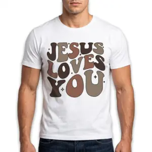 Jesus Loves You Retro Christian T-Shirt 10 Casual view of a white shirt featuring a colorful 'Jesus Loves You' design.
