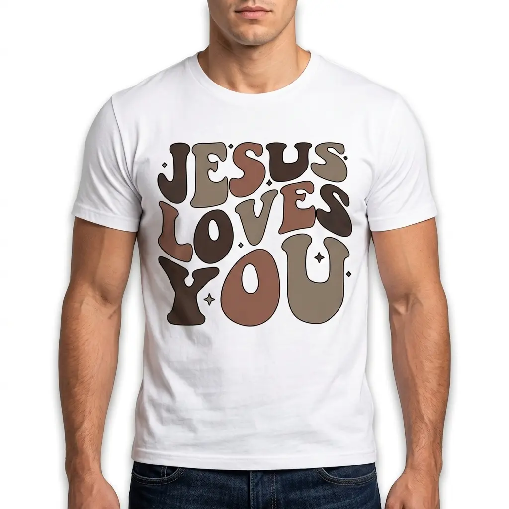 Casual view of a white shirt featuring a colorful 'Jesus Loves You' design.