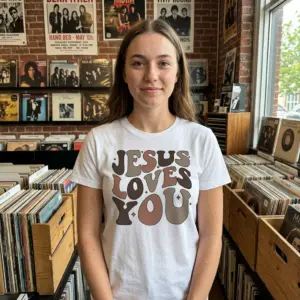 Jesus Loves You Retro Christian T-Shirt 11 Model wearing a white t-shirt with 'Jesus Loves You' design, smiling outdoors.