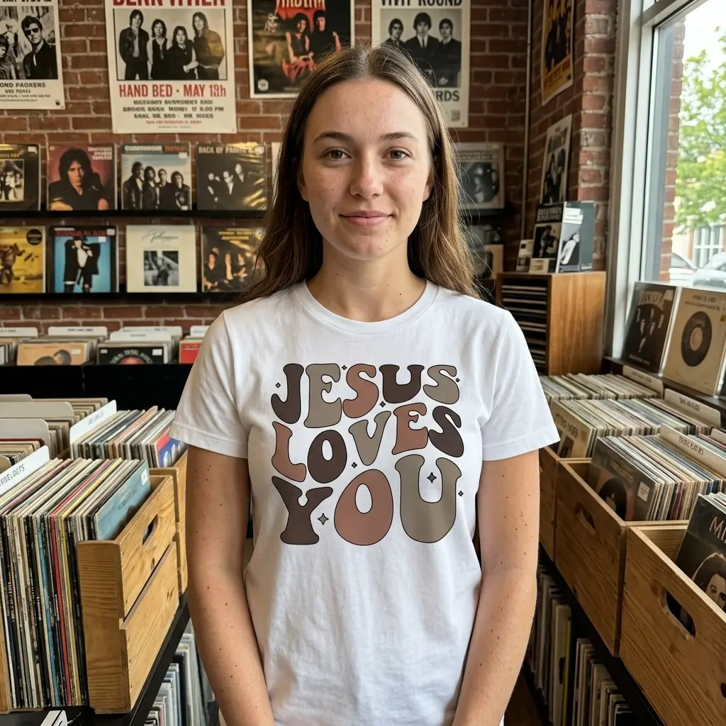 Model wearing a white t-shirt with 'Jesus Loves You' design, smiling outdoors.