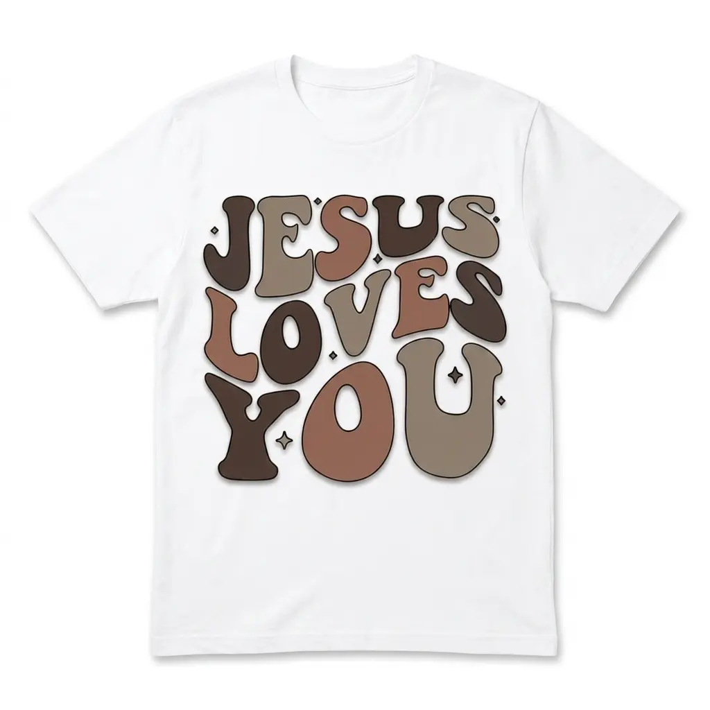 White t-shirt featuring the message 'Jesus Loves You' in colorful, retro font.