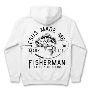 Jesus Made Me a Fisherman Christian T-Shirt 7 Front view of a Christian-themed fishing shirt, featuring religious graphics.