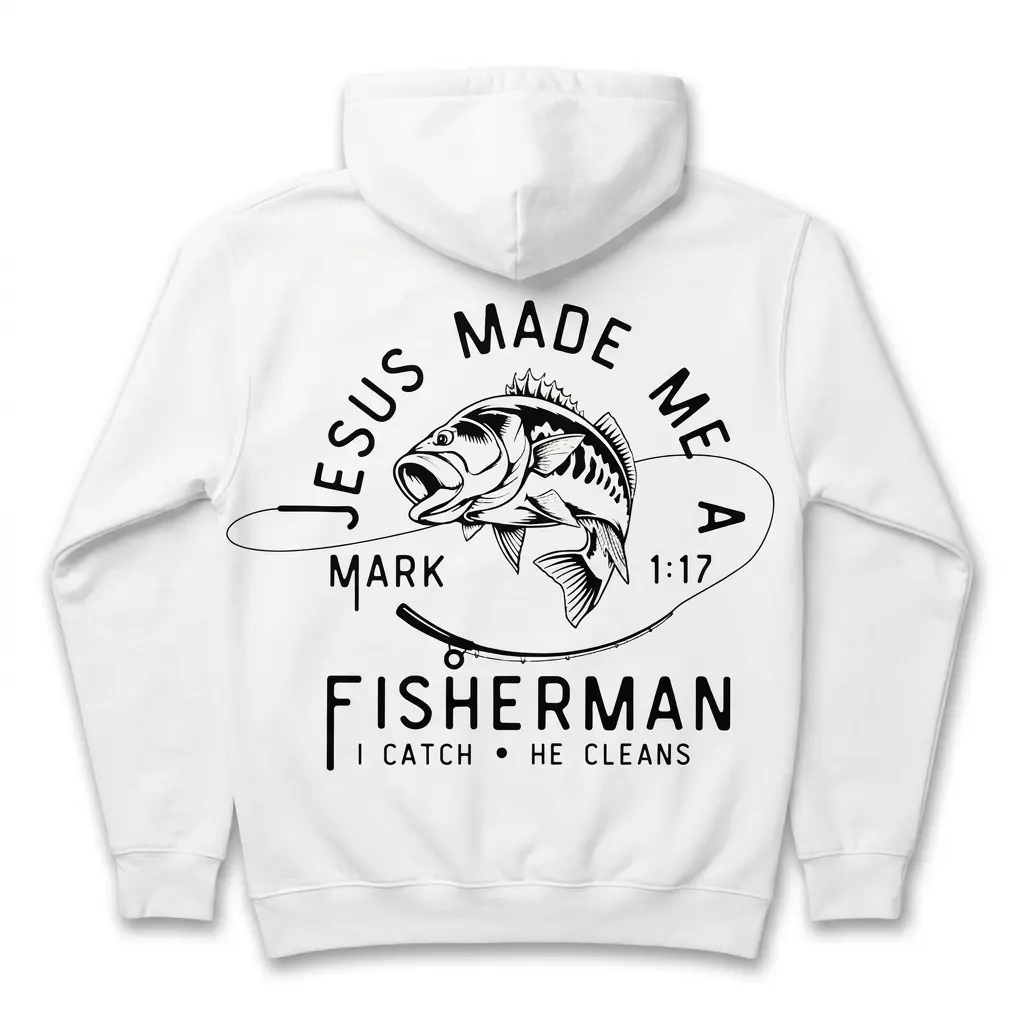 Front view of a Christian-themed fishing shirt, featuring religious graphics.