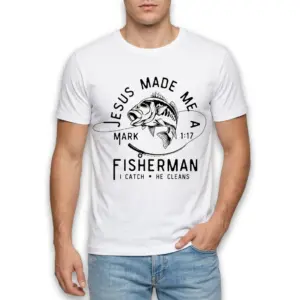 Jesus Made Me a Fisherman Christian T-Shirt 8 Close-up of Christian shirt design with fish and biblical reference.