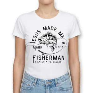 Jesus Made Me a Fisherman Christian T-Shirt 9 Side view of a Christian fishing shirt with spiritual text and imagery.
