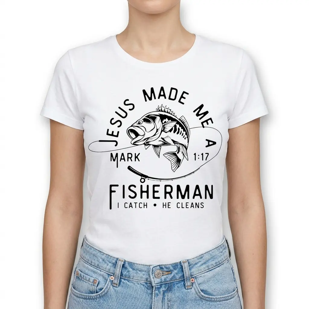 Side view of a Christian fishing shirt with spiritual text and imagery.
