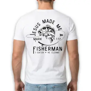 Jesus Made Me a Fisherman Christian T-Shirt 10 Angle shot of Christian shirt displaying fishing and faith-related art.