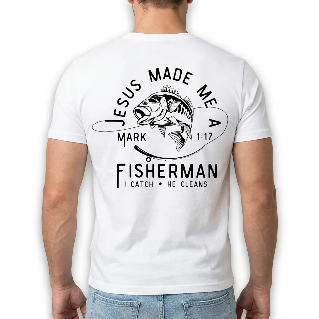 Angle shot of Christian shirt displaying fishing and faith-related art.