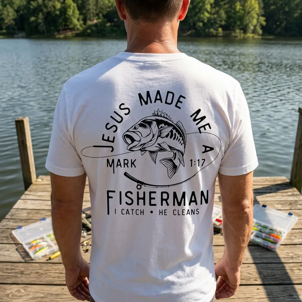 Person wearing Christian fishing shirt with faith-related graphics in a natural setting.