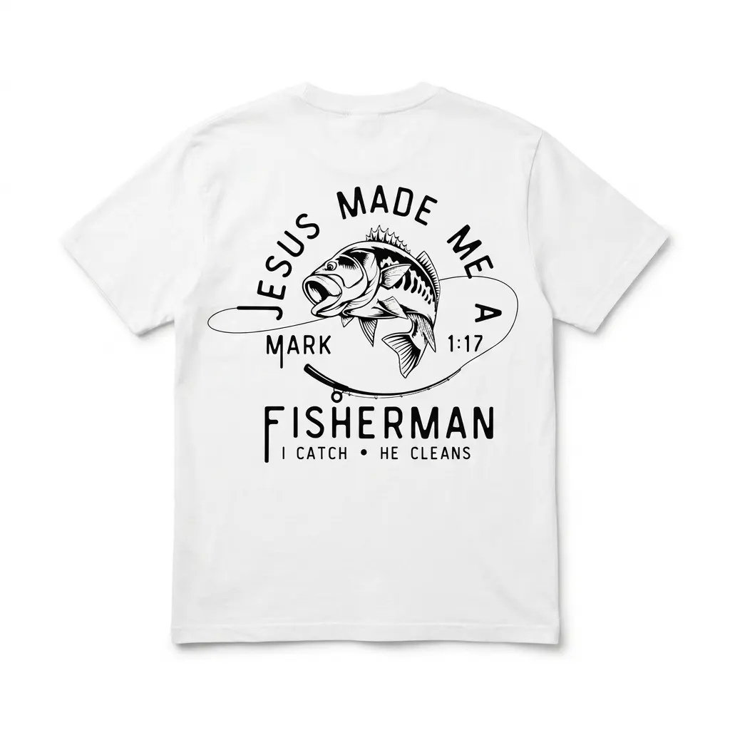 Back of a Christian fishing shirt with fish design and text 'Jesus Made Me a Fisherman'.