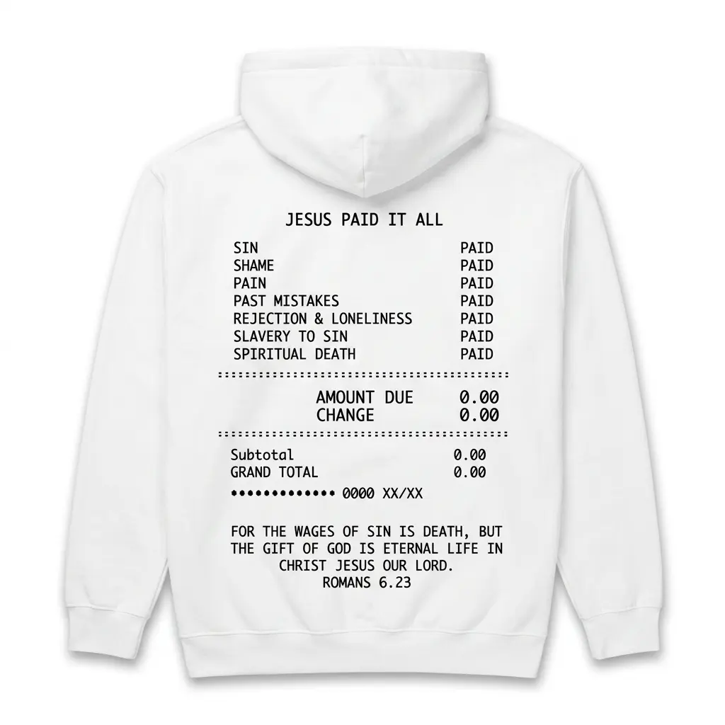 Front view of t-shirt with 'Jesus Paid It All' receipt design.