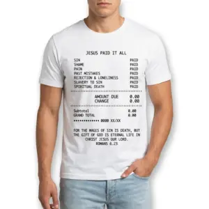Jesus Paid It All Receipt Christian T-Shirt 8 Close-up of 'Jesus Paid It All' receipt-themed design on t-shirt.