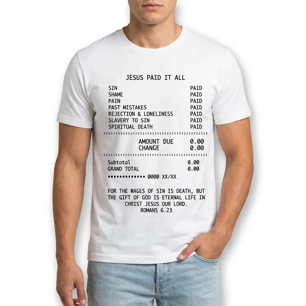 Close-up of 'Jesus Paid It All' receipt-themed design on t-shirt.