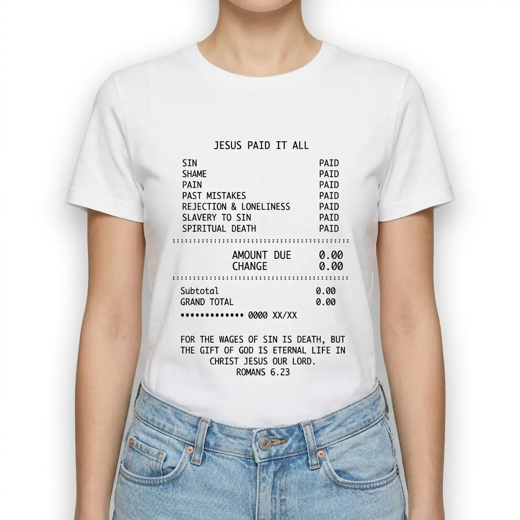 Detailed view of receipt-like design emphasizing 'paid' items on t-shirt.