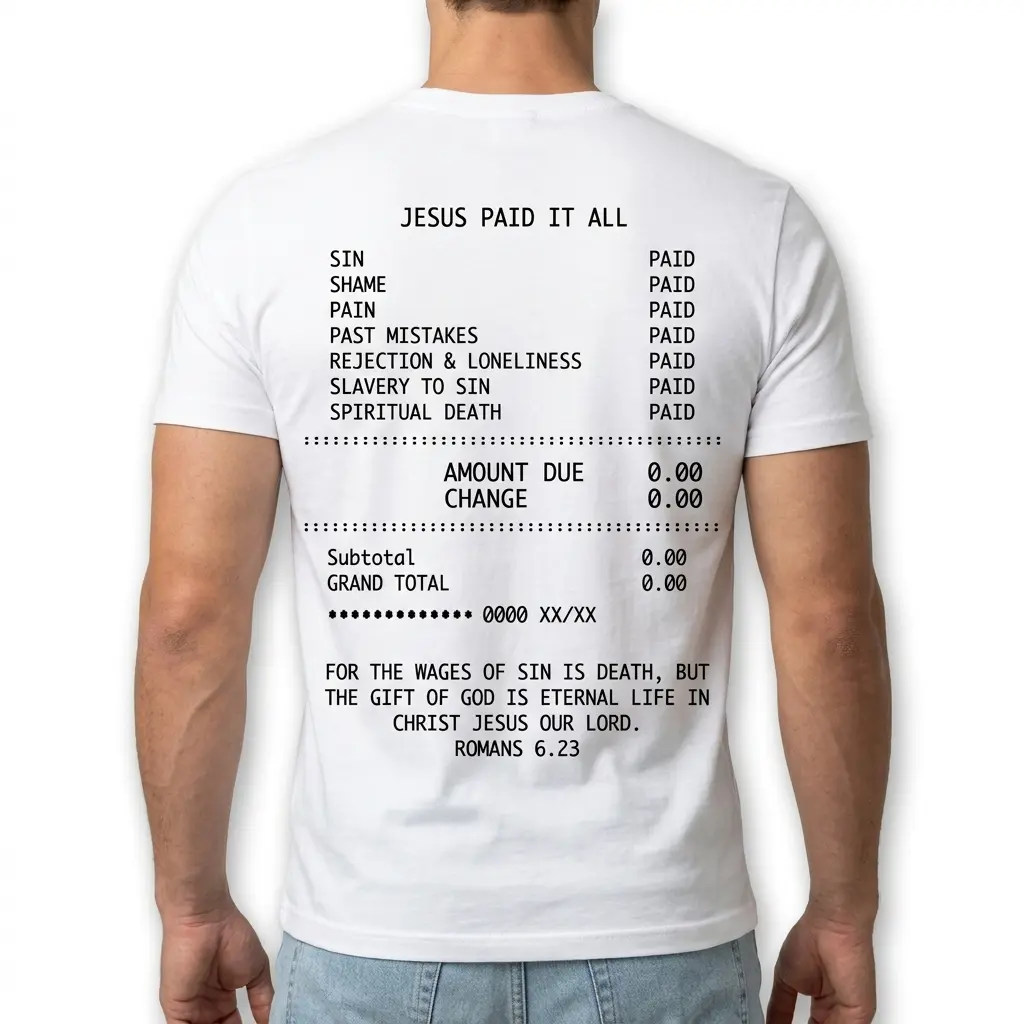 Back view of t-shirt showcasing complete 'Jesus Paid It All' design.