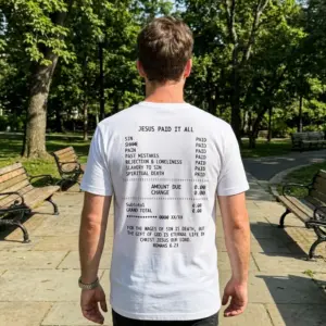 Jesus Paid It All Receipt Christian T-Shirt 11 Person wearing 'Jesus Paid It All' Christian tee in a casual setting.