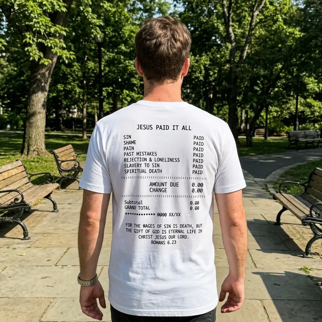 Person wearing 'Jesus Paid It All' Christian tee in a casual setting.